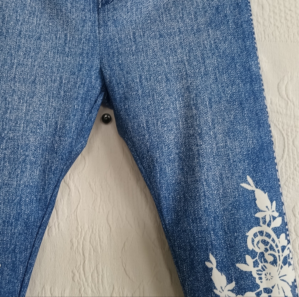 Faux Crochet Jeggings Denim Look Legging Floral Stretchy Casual Plus Bohemian 1X - Picture 4 of 11